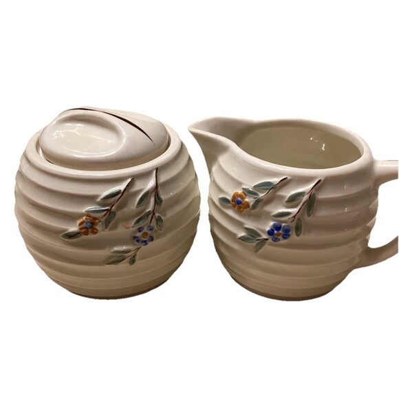 Vitreous Porcelain China Beehive Style Creamer & Sugar Bowl With Uranium Glaze - Picture 1 of 16